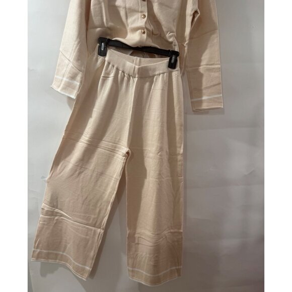 Zesica Womens Beige Knit Pant Set With Button-Down Lapel Top & Wide Leg Pants Co - Picture 3 of 5
